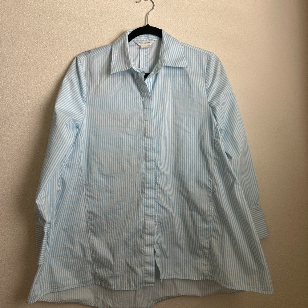 Club Monaco Striped Button Down Swing Top Pink White Relaxed Workwear Office M